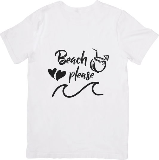 Beach Please T-Shirt – Funny Vacation Tee for Women – Summer Beachwear with Coconut & Wave Graphic