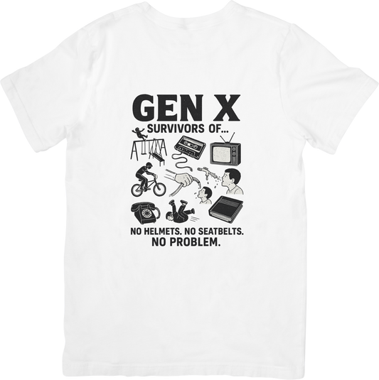 Funny Gen X Survivor T-Shirt – No Helmets, No Seatbelts, No Problem Retro 80s & 90s Humor Tee